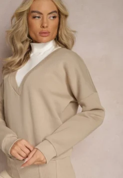 Beżowa Bawełniana Bluza z Trójkątnym Dekoltem Hydralia