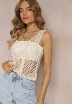 Beżowa Bawełniana Bluzka Top w Szydełkowym Stylu Aphia