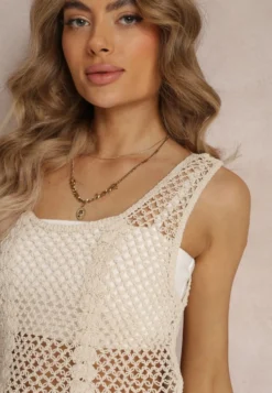 Beżowa Bawełniana Bluzka Top w Szydełkowym Stylu Aphia