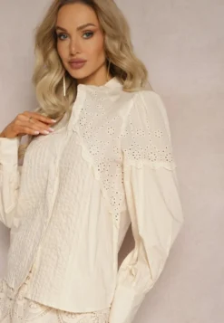 Beżowa Bawełniana Koszula w Stylu Retro ze Stójką Ozdobiona Ażurowymi Wstawkami Hesllema