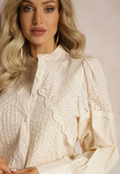 Beżowa Bawełniana Koszula w Stylu Retro ze Stójką Ozdobiona Ażurowymi Wstawkami Hesllema