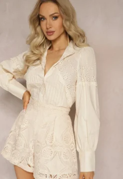 Beżowa Bawełniana Koszula w Stylu Retro ze Stójką Ozdobiona Ażurowymi Wstawkami Hesllema