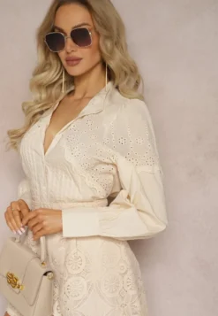 Beżowa Bawełniana Koszula w Stylu Retro ze Stójką Ozdobiona Ażurowymi Wstawkami Hesllema
