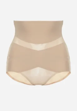 Beżowa Bielizna Modelująca Majtki High Waist Zdobione Skośnymi Przeszyciami Kikoneva
