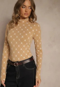 Beżowa Bluzka Longsleeve Półgolf z Bawełny Ozdobiona Geometrycznym Nadrukiem Zantila