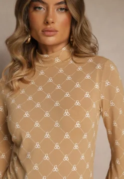 Beżowa Bluzka Longsleeve Półgolf z Bawełny Ozdobiona Geometrycznym Nadrukiem Zantila