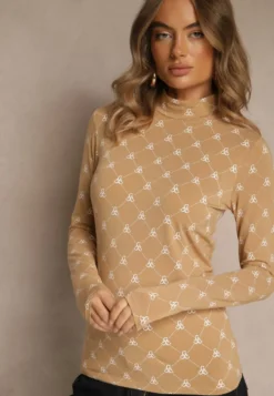 Beżowa Bluzka Longsleeve Półgolf z Bawełny Ozdobiona Geometrycznym Nadrukiem Zantila