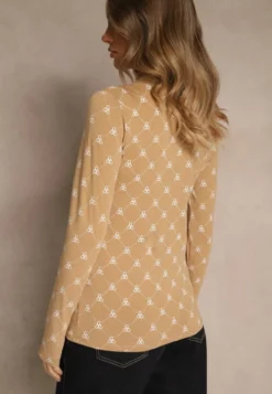 Beżowa Bluzka Longsleeve Półgolf z Bawełny Ozdobiona Geometrycznym Nadrukiem Zantila