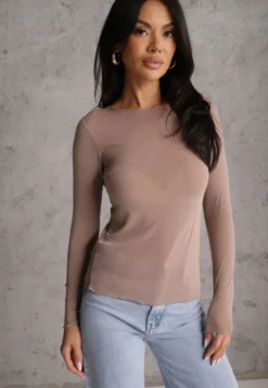 Beżowa Bluzka Longsleeve z Wiskozy i Kaszmiru Unelle