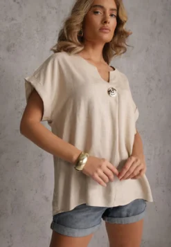 Beżowa Bluzka z Lnem i Wiskozą o Nietoperzowym Kroju z Krótkim Rękawem Herira
