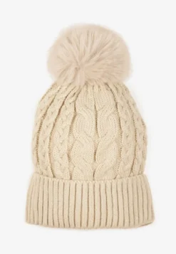 Beżowa Czapka Beanie z Ozdobnym Pomponem Norirra