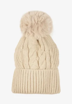 Beżowa Czapka Typu Beanie Zdobiona Pomponem i Warkoczowym Splotem Ocieplana Futrem Zenedi