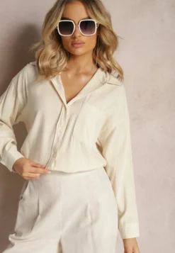 Beżowa Elegancka Koszula Bawełniana z Klasycznym Wzorem w Paski Lervana
