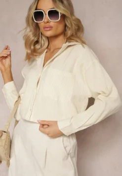 Beżowa Elegancka Koszula Bawełniana z Klasycznym Wzorem w Paski Lervana