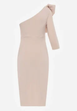 Beżowa Elegancka Sukienka Asymetryczna z Ozdobą przy Ramieniu o Dopasowanym Kroju Tesson
