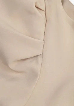 Beżowa Elegancka Sukienka z Bufiastymi Rękawami Odkrytymi Plecami i Wiązaniem Haritte
