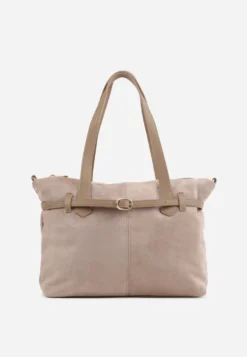 Beżowa Elegancka Torebka Shopper Bag o Fakturze Zamszu z Paskiem z Klamerką Mudrey
