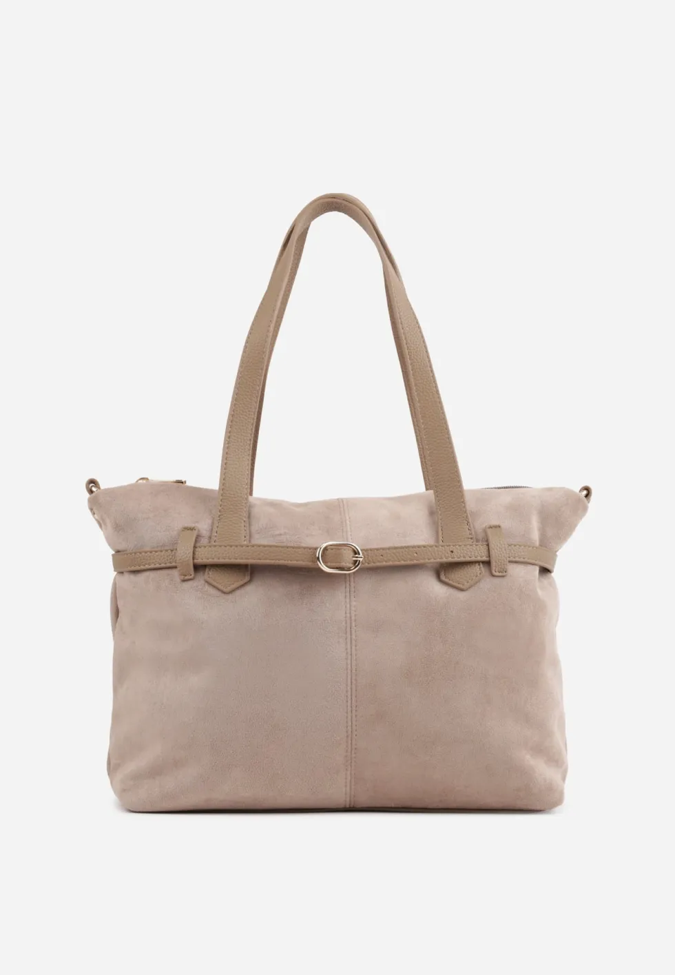 Beżowa Elegancka Torebka Shopper Bag o Fakturze Zamszu z Paskiem z Klamerką Mudrey