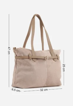 Beżowa Elegancka Torebka Shopper Bag o Fakturze Zamszu z Paskiem z Klamerką Mudrey