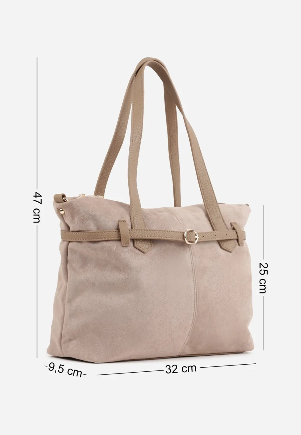 Beżowa Elegancka Torebka Shopper Bag o Fakturze Zamszu z Paskiem z Klamerką Mudrey