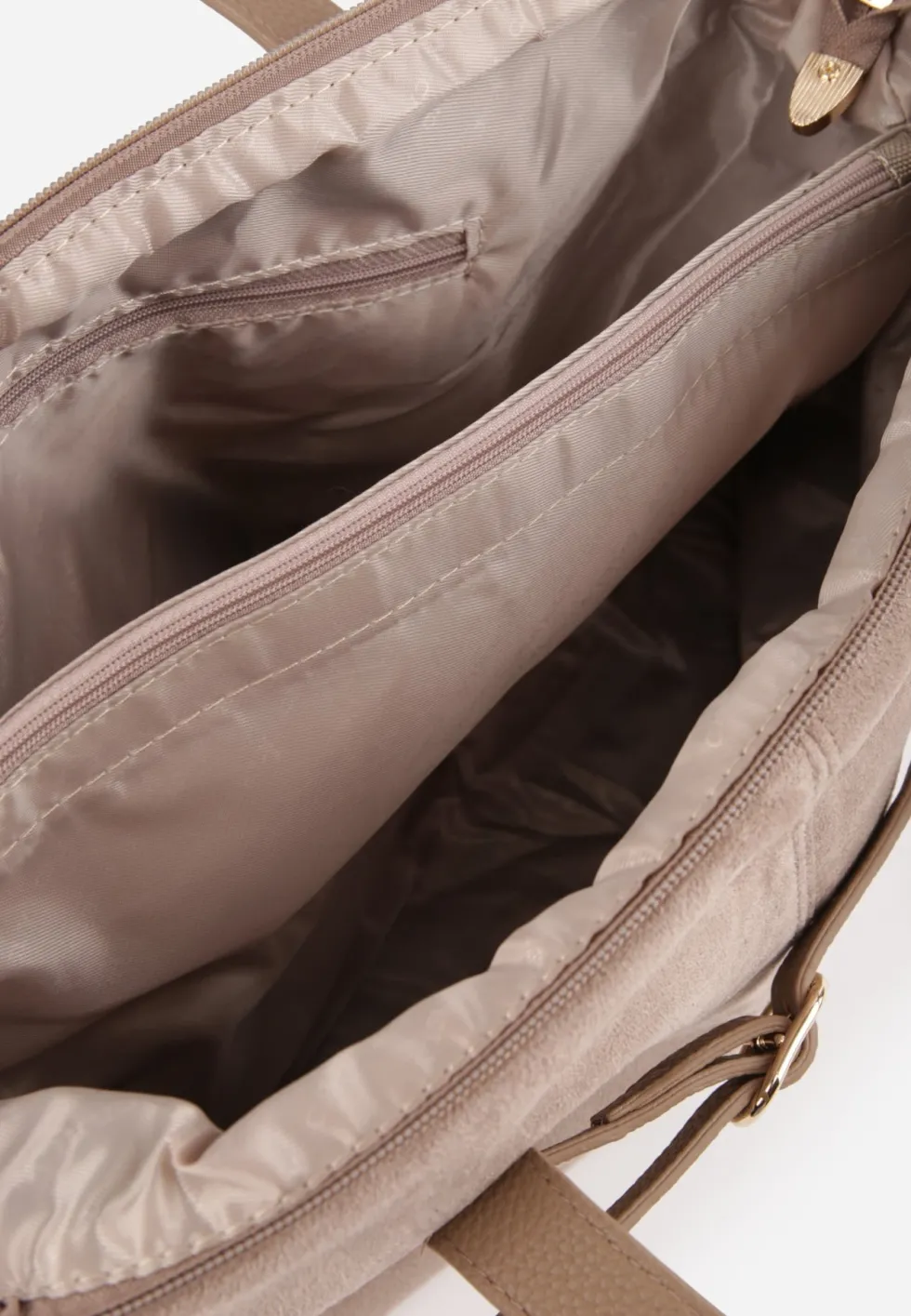 Beżowa Elegancka Torebka Shopper Bag o Fakturze Zamszu z Paskiem z Klamerką Mudrey