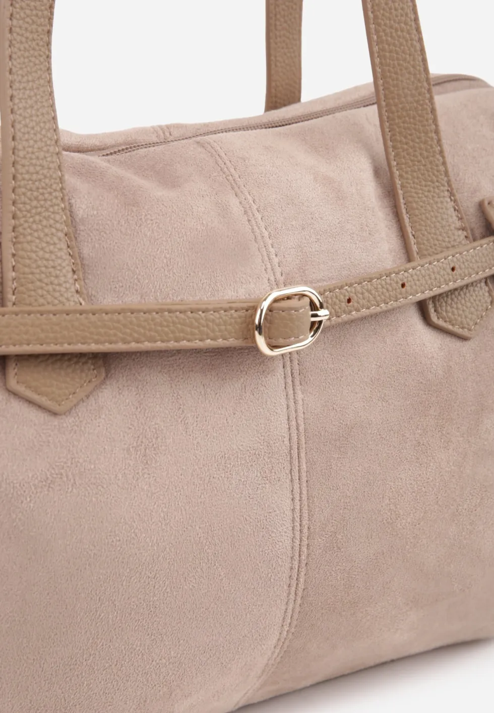 Beżowa Elegancka Torebka Shopper Bag o Fakturze Zamszu z Paskiem z Klamerką Mudrey