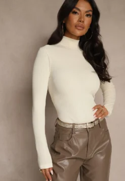 Beżowa Klasyczna Bluzka Longsleeve z Golfem Raleia