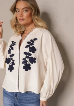 Beżowa Koszula z Bawełny o Kroju Oversize Ozdobiona Haftem w Kwiaty Felvesia