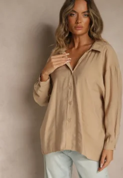Beżowa Koszula z Modalem o Fasonie Oversize Adavelle