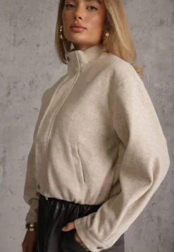 Beżowa Kurtka Przejściowa Bomber Jacket ze Stójką z Wełną i Bawełną Bioneza