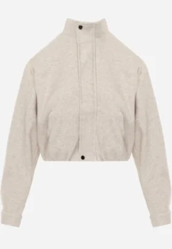 Beżowa Kurtka Przejściowa Bomber Jacket ze Stójką z Wełną i Bawełną Bioneza
