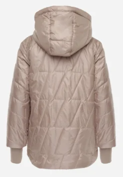 Beżowa Kurtka Przejściowa Wiatrówka z Kapturem Ozdobiona Pikowaniem i Ściągaczami Tereli