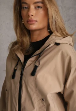 Beżowa Kurtka Przejściowa Wiatrówka z Kapturem i Ściągaczami w stylu Casual Kareda