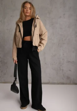 Beżowa Kurtka Przejściowa Wiatrówka z Kapturem i Ściągaczami w stylu Casual Kareda