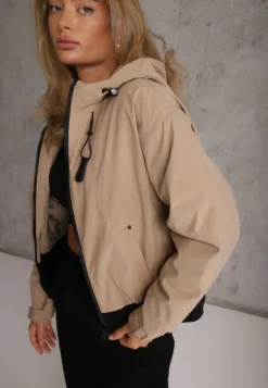 Beżowa Kurtka Przejściowa Wiatrówka z Kapturem i Ściągaczami w stylu Casual Kareda