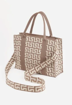 Beżowa Materiałowa Torebka Shopper w Geometryczny Wzór z Rączkami i Paskiem Athera