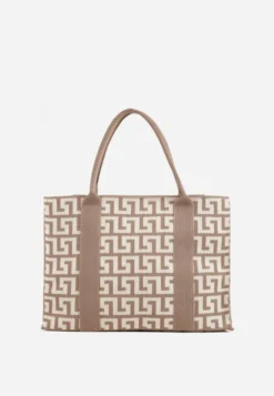 Beżowa Materiałowa Torebka Shopper w Geometryczny Wzór z Rączkami i Paskiem Athera