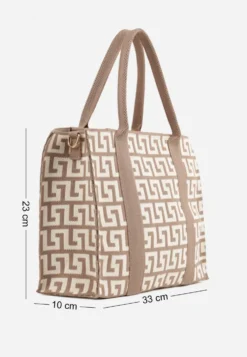Beżowa Materiałowa Torebka Shopper w Geometryczny Wzór z Rączkami i Paskiem Athera