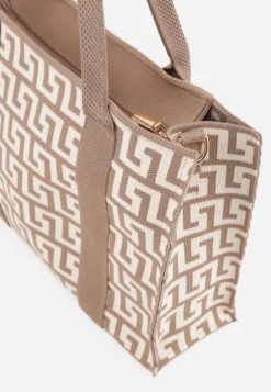 Beżowa Materiałowa Torebka Shopper w Geometryczny Wzór z Rączkami i Paskiem Athera