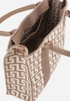 Beżowa Materiałowa Torebka Shopper w Geometryczny Wzór z Rączkami i Paskiem Athera