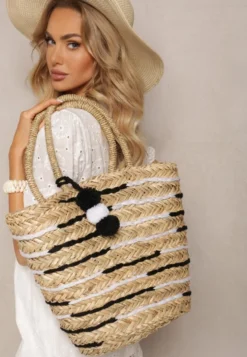 Beżowa Pleciona Torebka Boho Słomiana z Ozdobnymi Pomponami Elexeree