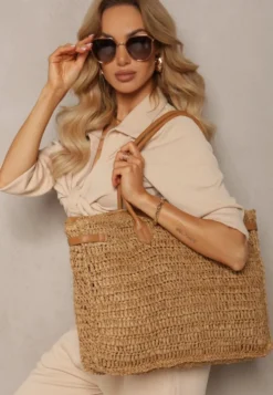 Beżowa Pleciona Torebka o Dużym Fasonie Tote w Stylu Boho Emerria
