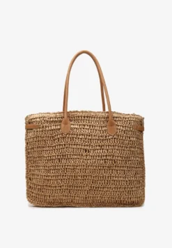 Beżowa Pleciona Torebka o Dużym Fasonie Tote w Stylu Boho Emerria