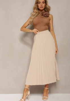 Beżowa Rozkloszowana Spódnica High Waist z Ozdobnymi Plisami i Gumką w Pasie Veratia