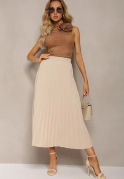 Beżowa Rozkloszowana Spódnica High Waist z Ozdobnymi Plisami i Gumką w Pasie Veratia