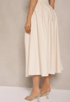 Beżowa Rozkloszowana Spódnica z Bawełną High Waist Katavira