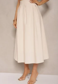 Beżowa Rozkloszowana Spódnica z Bawełną High Waist Katavira