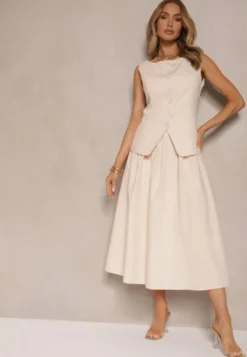 Beżowa Rozkloszowana Spódnica z Bawełną High Waist Katavira