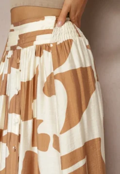 Beżowa Rozkloszowana Spódnica High Waist z Gumką w Talii i Guzikami Tinasshi