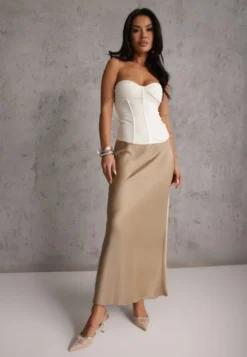 Beżowa Satynowa Spódnica Maxi High Waist Formia